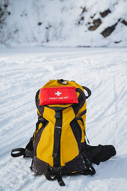 istock A yellow backpack with a red first aid kit on top of it 2211395511