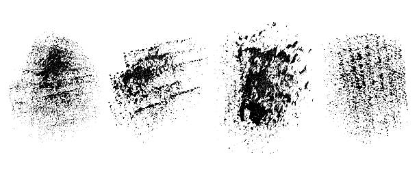Four black textured abstract vector circle spots with uneven smeared edges. Hand-drawn paint brush strokes of rough chaotic shape on white isolated background.