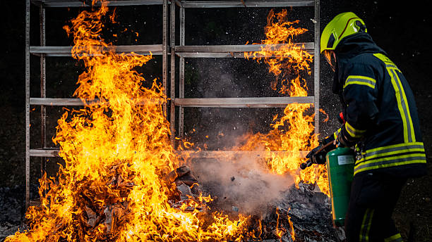 A firefighter faces a towering inferno engulfing the remnants of an archive, silhouetted against the flames while deploying an extinguisher—symbolizing the final struggle against irreversible loss.
