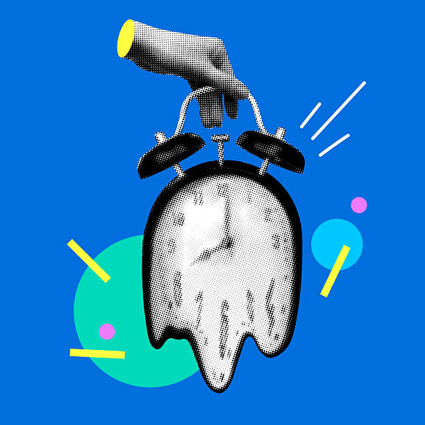 istock Melting watch. Halftone hand holding melting alarm clock 2211400644