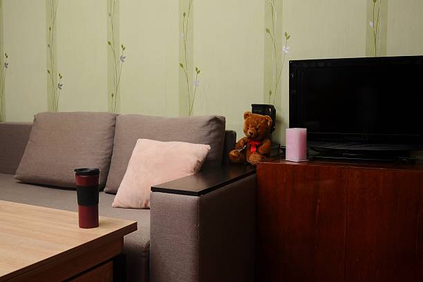 A comfortable living room setting with a teddy bear, sofa, television, and cozy ambiance.