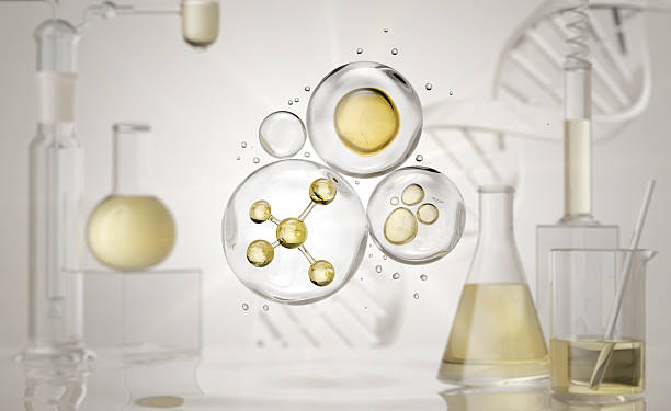 istock Cosmetic Essence, Molecule inside Liquid bubble with glass flask and cylinder equipment in medical science lab background, 3d rendering 2211405663