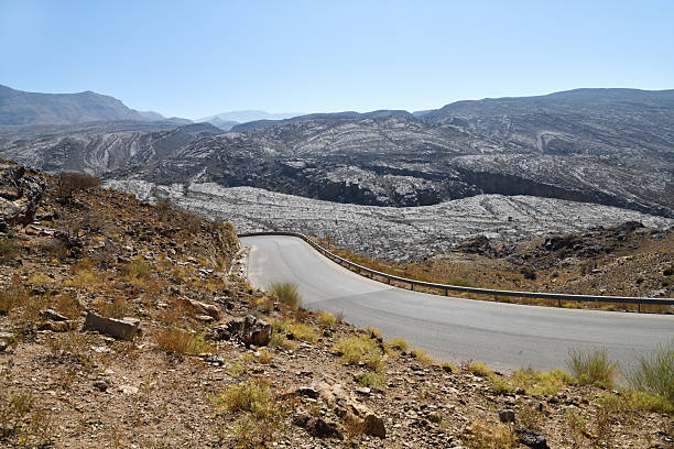 Tar road along Hajar mountains, Jebel Sham in Oman, mountains in background.  Arabian Peninsula