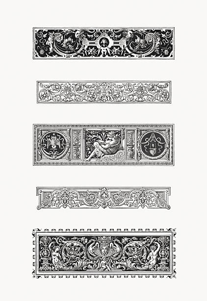 Various vignettes with grotesque motifs, wood engravings, published in 1894 Various vignettes with grotesque motifs. Wood engravings, published in 1894. background of a owl black and white stock illustrations