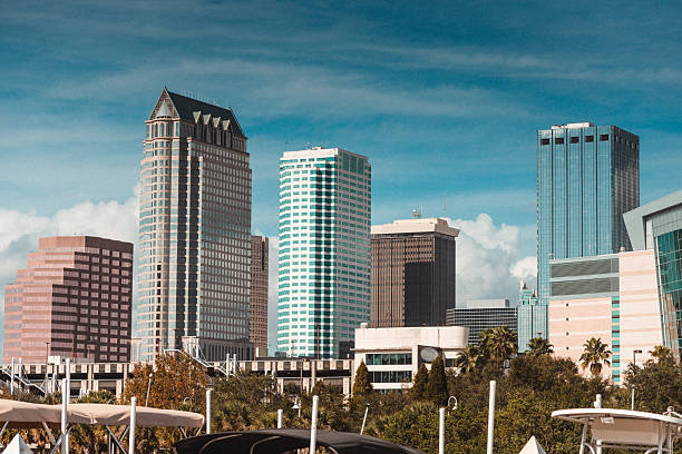 A scenic view of downtown Orlando, Florida, featuring modern office buildings, palm-lined streets, and the prominent intersection of Magnolia Avenue. The architectural contrast between contemporary glass structures and classical office buildings reflects the city's dynamic urban landscape. Taken near the Dr. Phillips Center for the Performing Arts.