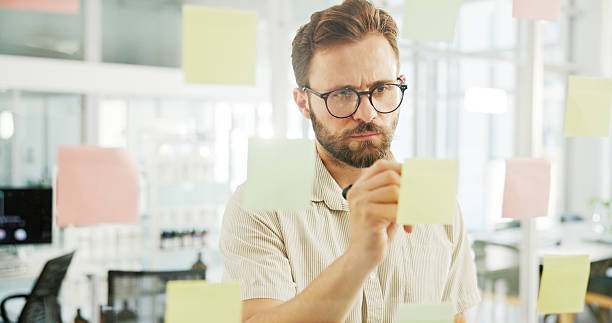 istock Creative, man and writing on sticky notes by glass wall for campaign planning, budget development and ideas. Marketing manager, employee and calendar tasks for project management or business strategy 2211424461