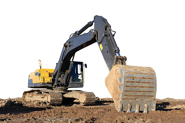 istock Excavator isolated on white background. Yellow tracked Backhoe loader isolation. 2211425342