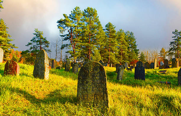 Cemetery with graves and tombstones. Abandoned grave. Gravestone on graveyard in forest. Old tombstone in old Jewish Cemetery. Tombstones on graveyard. Funeral concept.