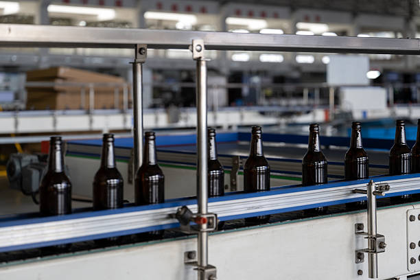 Glass beer bottles on automated production lines