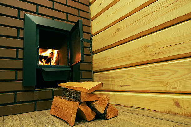 Logs burning in the fireplace on a cold day