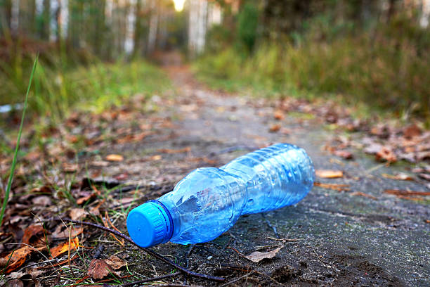 istock Plastic bottle thrown away on forest path. Garbage in nature, reusable. 2211440676