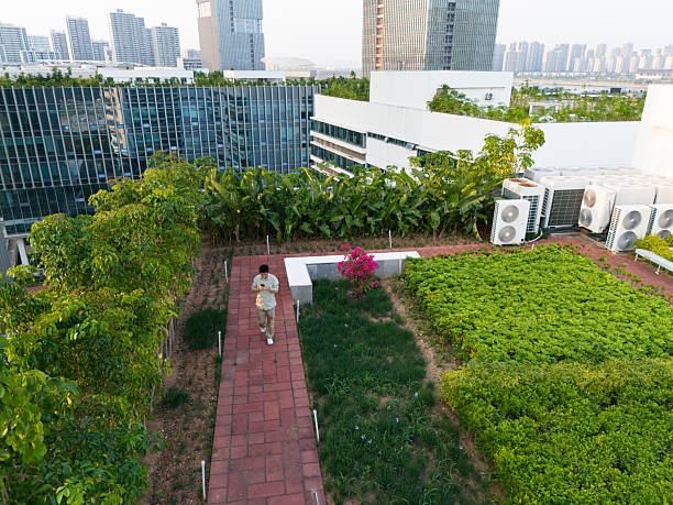 An Asian man walking on the rooftop garden
