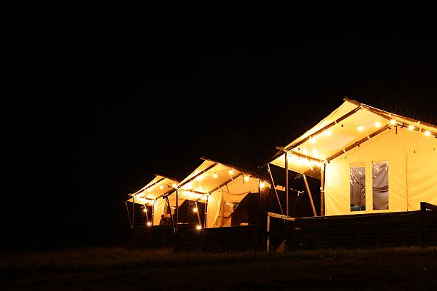 Cozy canvas tents nestled in nature , Chill travel lifestyle with warm morning light and scenic mountain surroundings