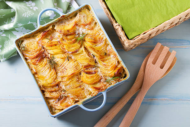 istock Potato and onion gratin in blue baking dish 2211450187