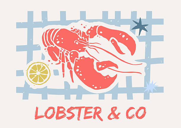 Horizontal seafood poster A3 with red lobster silhouette on blue grid and words Lobster & Co. Vector hand drawn graphic template.
