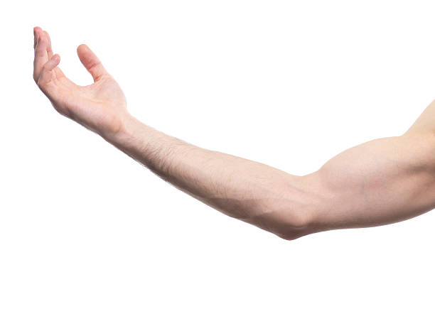 istock Extended male arm with open palm isolated on white 2211470308