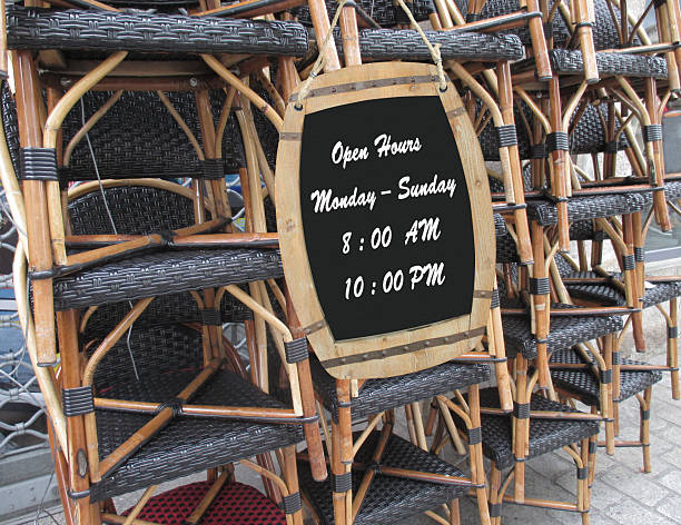 Opening hours sign posted in front of a closed restaurant