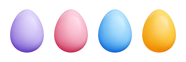 istock 3D colorful Easter eggs set - purple, pink, blue, yellow realistic egg shapes with plastic glossy surface. 2211474206