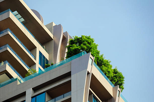 Corner rooftop garden of modern apartment tower in Bangkok downtown