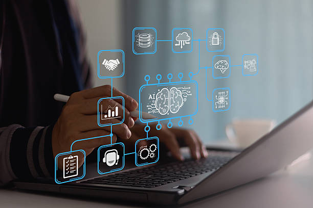 istock Businessman is using laptop computer to manage automation technology, AI automation, API automation, data transfer through system integration, and an intelligent process automated technology solution. 2211494622