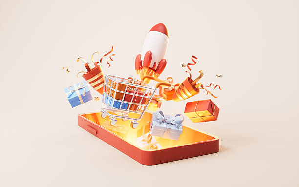 istock Gift boxes coming out from the mobile phone, 3d rendering. 2211502514