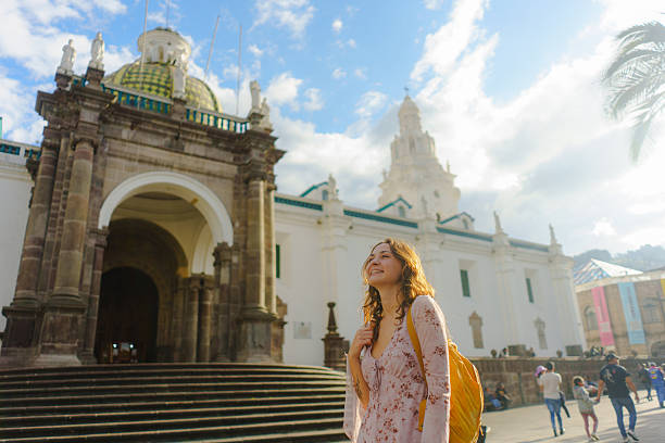Woman exploring colonial architecture  in South America