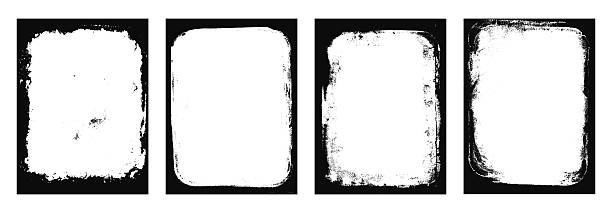 Grunge frames set templates. Ink paint border with rough edges for poster and banner. Retro textured overlays. Rectangular old black abstract flyer backgrounds. Vector design illustration.