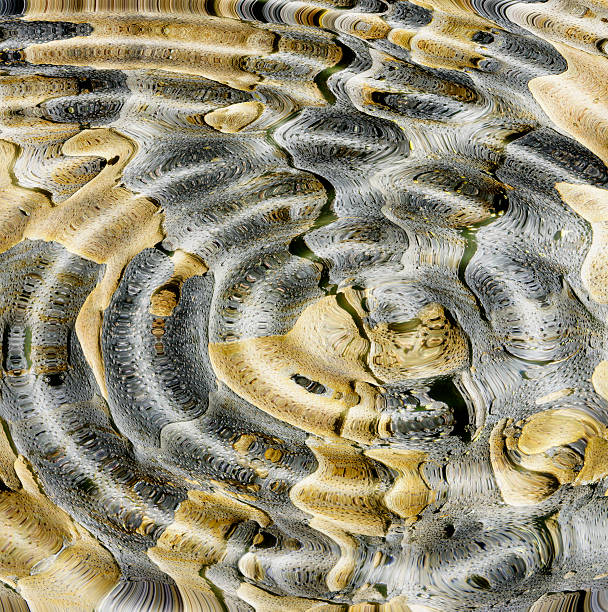 Abstract fluid patterns displaying undulating forms, vibrant metallic gold and silver shades, mimicking natural aesthetics with an organic yet surreal artistic appeal.