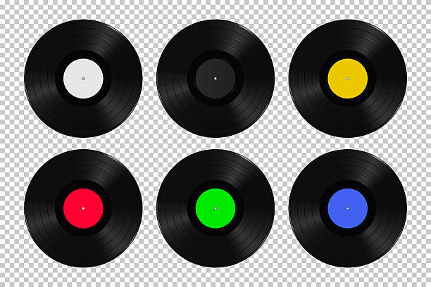 istock Vinyl record set. Black vinyl discs with grooves and colorful blank labels on transparent. Retro music concept, vintage audio media, old-fashioned LP collection. Realistic vector illustration 2211510249