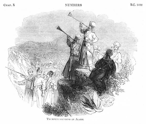 Trumpets blown by Jewish men sounded an alarm. Published 1836. Original edition is from my own archives. Copyright has expired and is in Public Domain.
