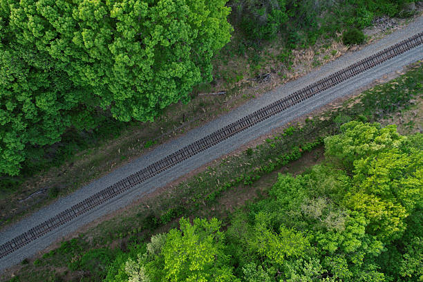istock Top down view of railroad tracks surrounded by dense tree growth 2211515285