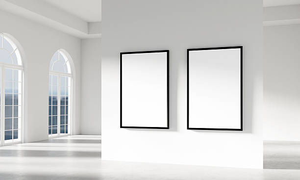 istock Elegant room with arched windows and framed empty spaces for art, 3D render illustration. 2211520156