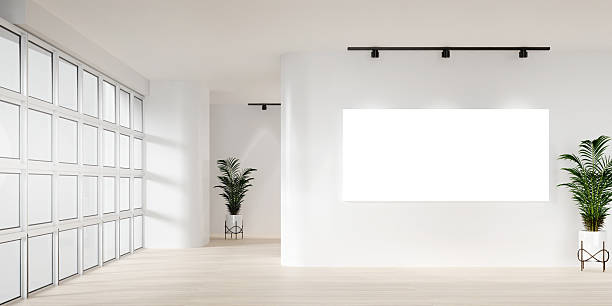 istock Modern minimalist gallery space with blank canvas, 3D render illustration. 2211520188