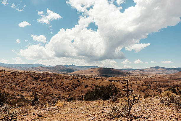 Clouds drift over rugged hills and cactus in West Texas desert in Marfa, Texas, United States