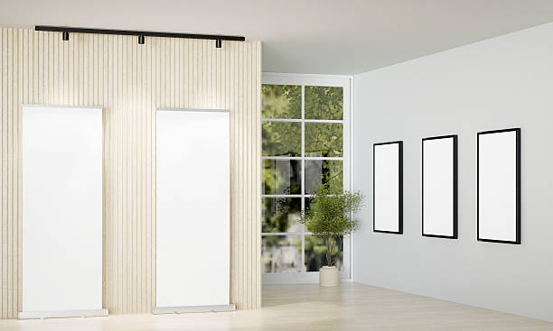 istock Trendy gallery with vertical panels and framed artwork, 3D render illustration. 2211520240