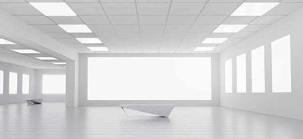 istock Contemporary Empty Gallery with White Surfaces, 3D render illustration 2211520289