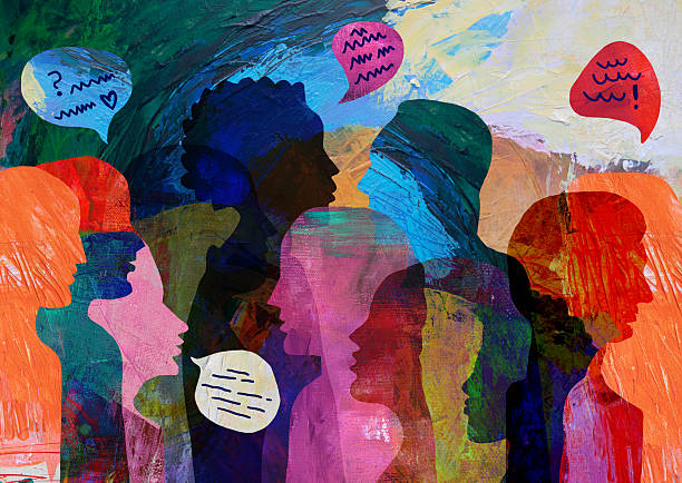 illustrazioni stock, clip art, cartoni animati e icone di tendenza di gruppo di persone diverse con parlanti - grande gruppo di persone