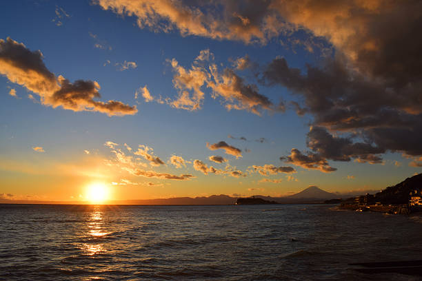 Mt. Fuji and the ocean in Shonan at sunset in winter