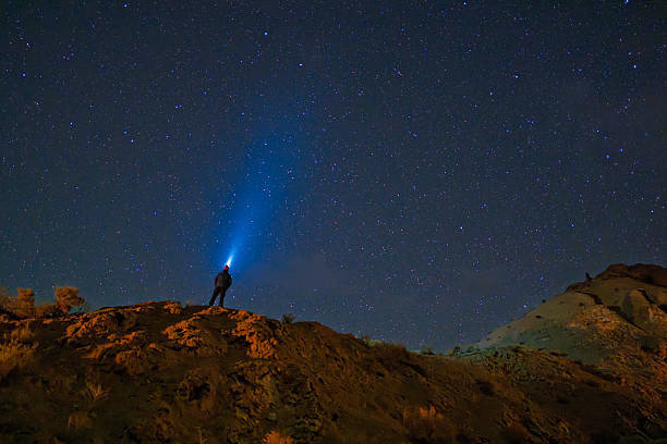 Man Exploring Dark Skies with Headlight and Light Beam Projecting in to Space - Scenic dark sky area with man standing atop mountain canyon ridge peering up into a sky full of stars with blue light beam in sky.