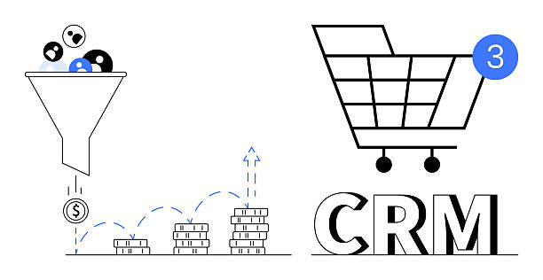istock Funnel filtering process, shopping cart with 3 notifications, CRM, and stacked coins visualizing growth 2211532092