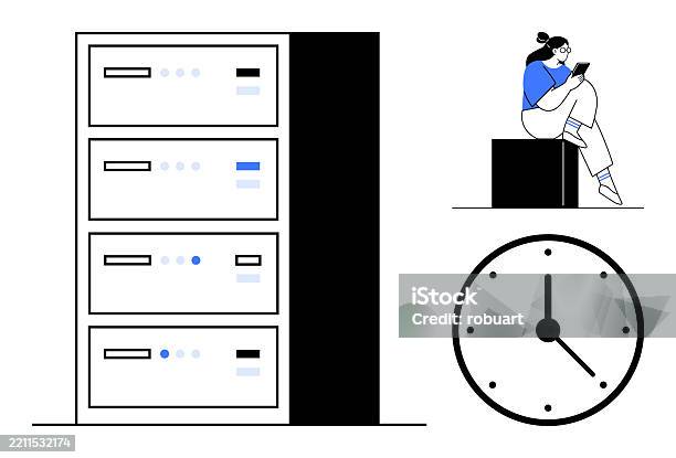 Clock Time Sensitive Person With Laptop Beside Server Rack And Clock Indicating ...
