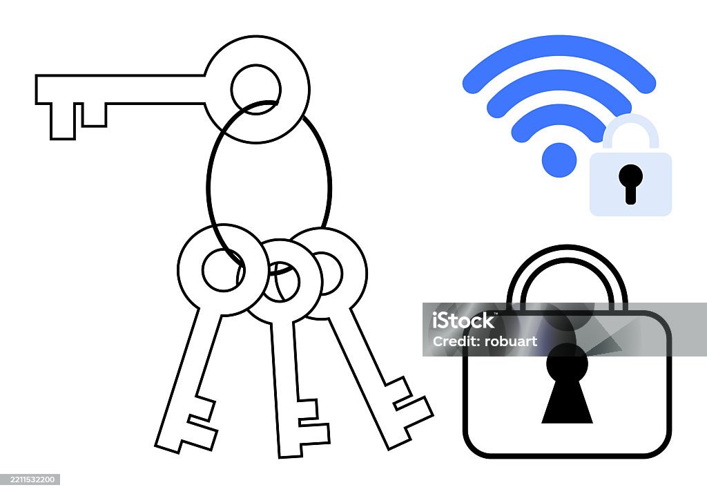 Keys And Lock With Wireless Security Symbol Representing Digital And ...