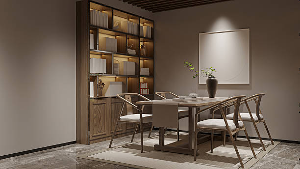 istock Modern Dining Area with Illuminated Shelves and Blank Artwork 2211535458