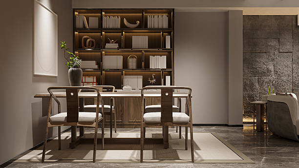 istock Modern Dining Area with Built-in Shelves and Textured Wall 2211535462