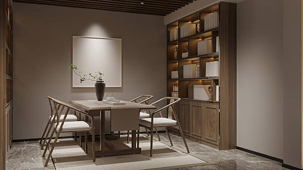 istock Modern Dining Room with Built-in Shelves and Minimalist Table 2211535466