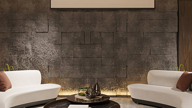 istock Modern Lounge Area with Textured Stone Wall and Curved Sofas 2211535509