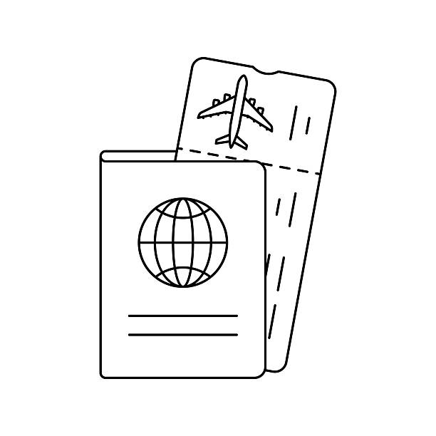 Passport with boarding pass icon. Air travel and tourism item. Passport with boarding pass icon. Air travel and tourism item. Happy journey. charter document stock illustrations