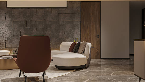 istock Modern Lounge Area with Textured Wall and Curved Seating 2211535540