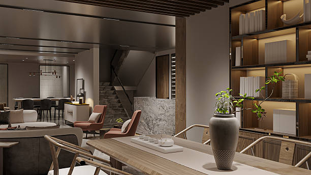 istock Modern Open Plan Living and Dining Area with Built-in Shelves 2211535599