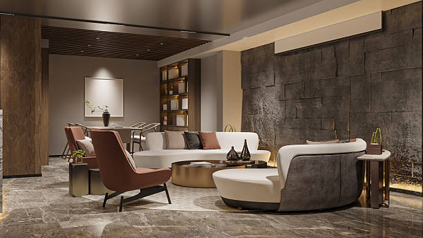 istock Modern Open Plan Living and Dining Area with Textured Accent Wall 2211535633